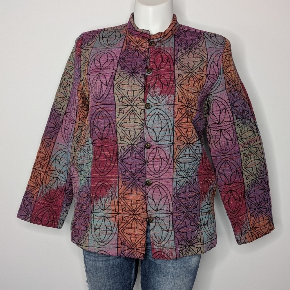 Serengeti Purple Blue Colorful Abstract Tapestry Button Up Jacket L